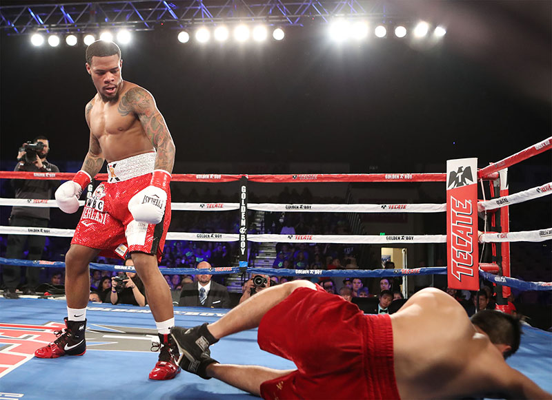 Junior lightweight Lamont Roach (standing) dropped Alejandro Valdez en route to a first-round stoppage in Indio, California. Photo credit: Tom Hogan/HoganPhotos/Golden Boy Promotions