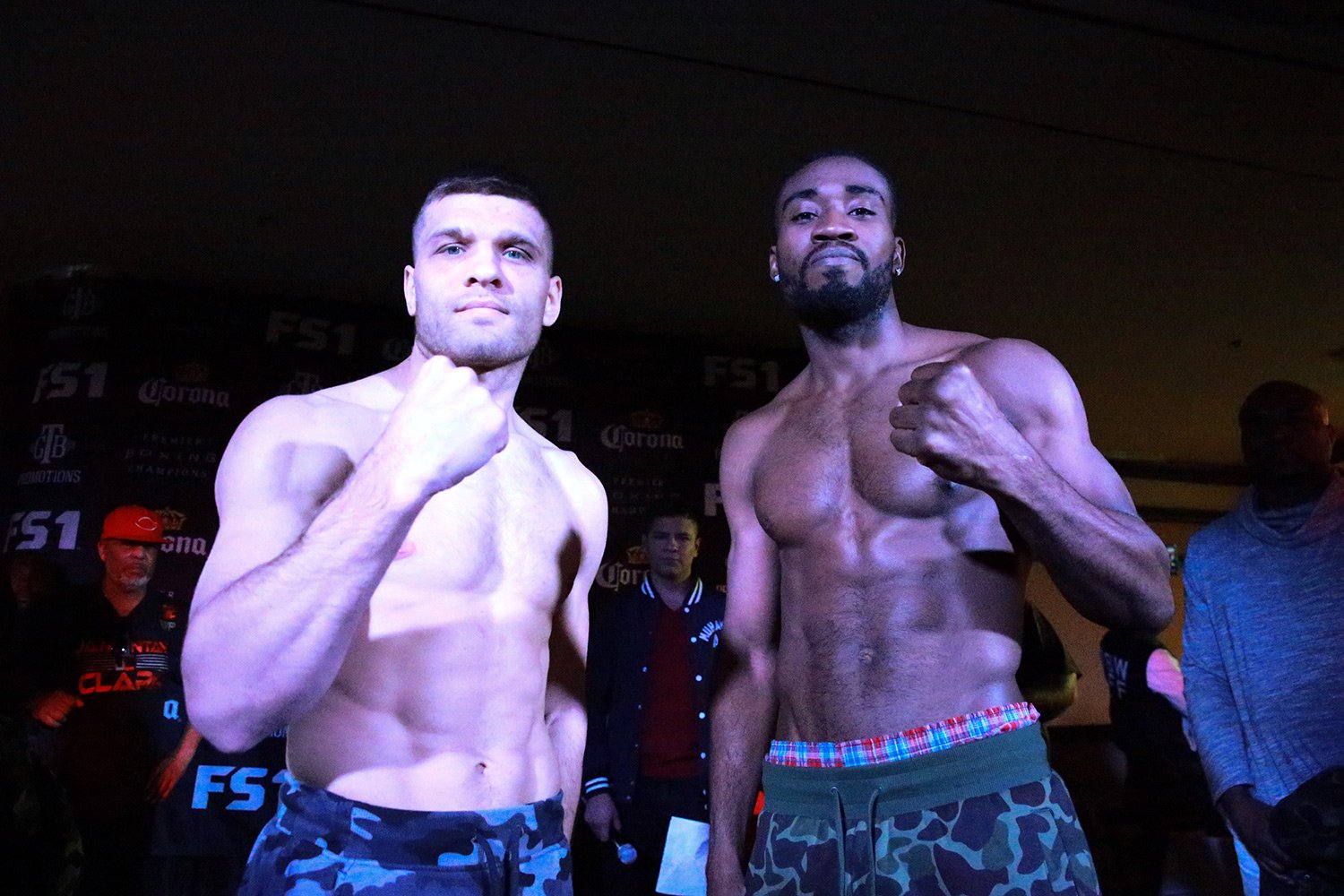 Sergiy Derevyanchenko (left) and Kemahl-Russell at the weigh-in for their Fox Sports 1-televised match on March 14, 2017. Photo by Leo Wilson / PBC