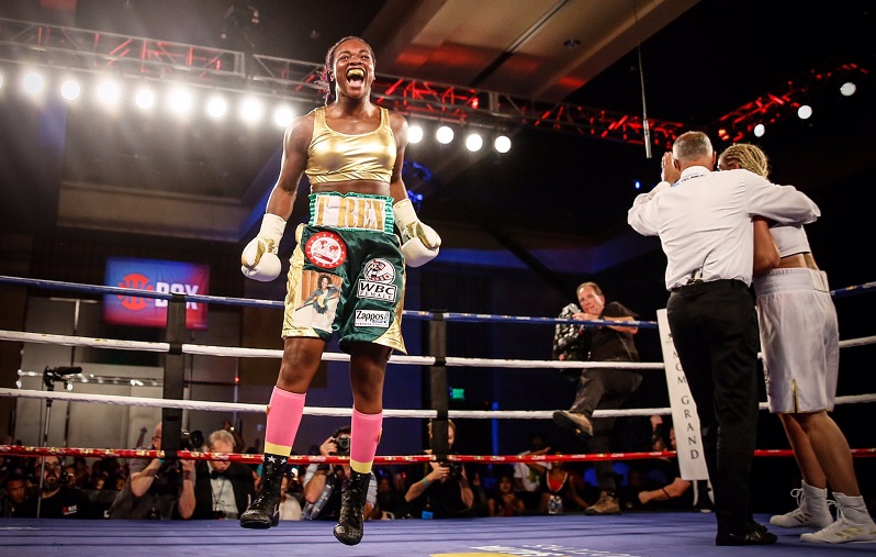 Claressa Shields celebrates her fifth round TKO win over Nikki Adler for the WBC and vacant IBF women's super middleweight titles on August 4, 2017. Photo credit: Stephanie Trapp/TrappPhotos/Showtime