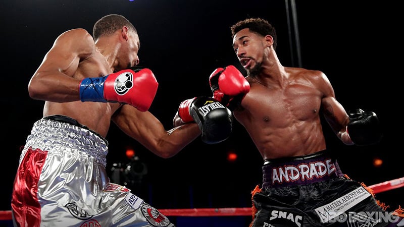 Demetrius Andrade (right) takes it to Alantez Fox en route to a 12-round unanimous decision on October 21, 2017. Photo courtesy of HBO Boxing.