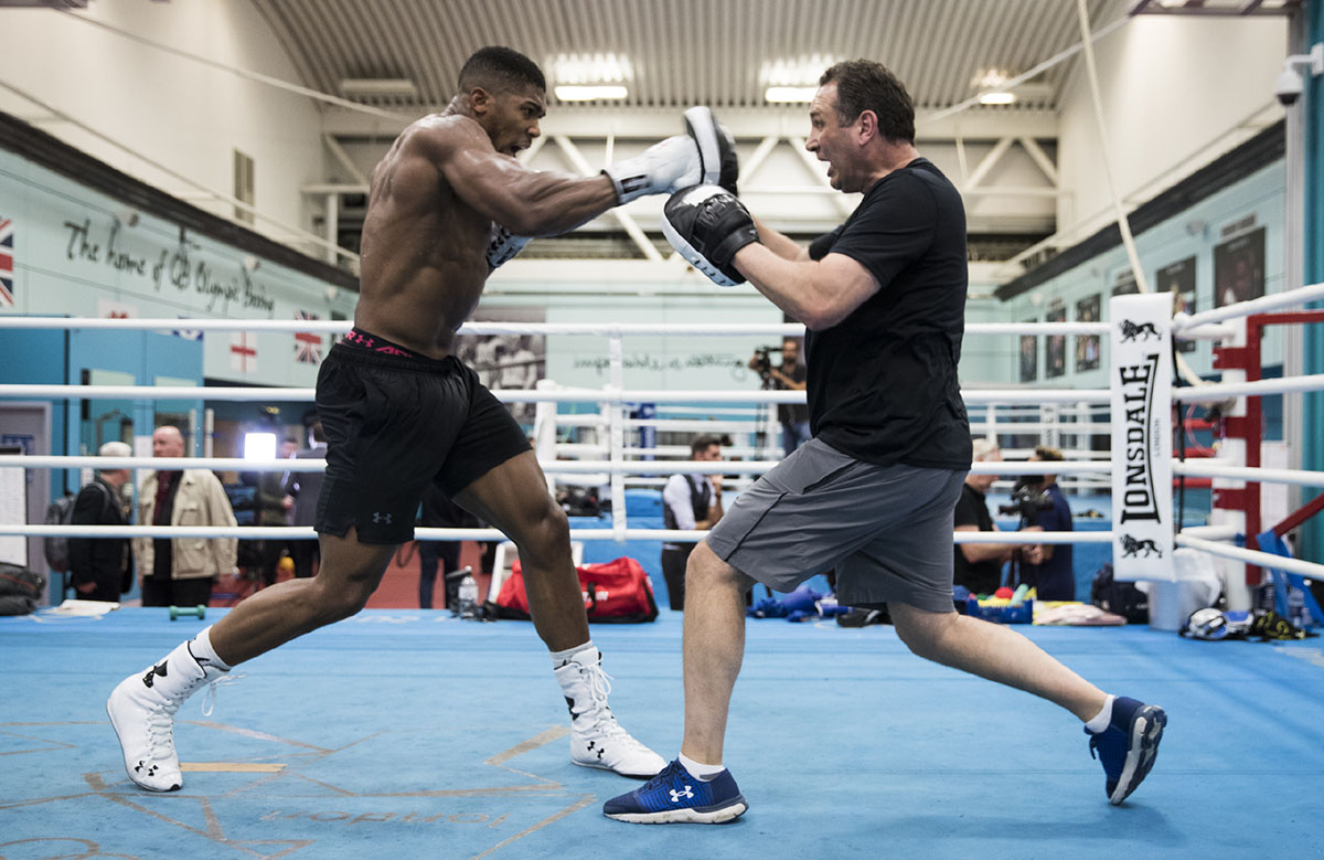 IBF/WBA/WBO heavyweight titlist Anthony Joshua works out in Sheffield, ahead of his defense against Carlos Takam in Cardiff, on October 28. Photo credit: Mark Robinson
