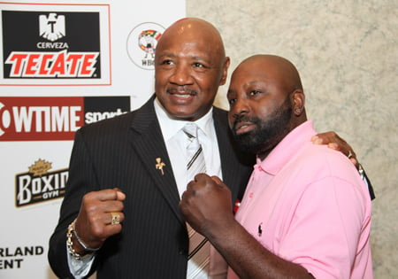 Former two-division titlist Mark "Too Sharp" Johnson (right) and Marvelous Marvin Hagler, Photo courtesy of the International Boxing Hall of Fame