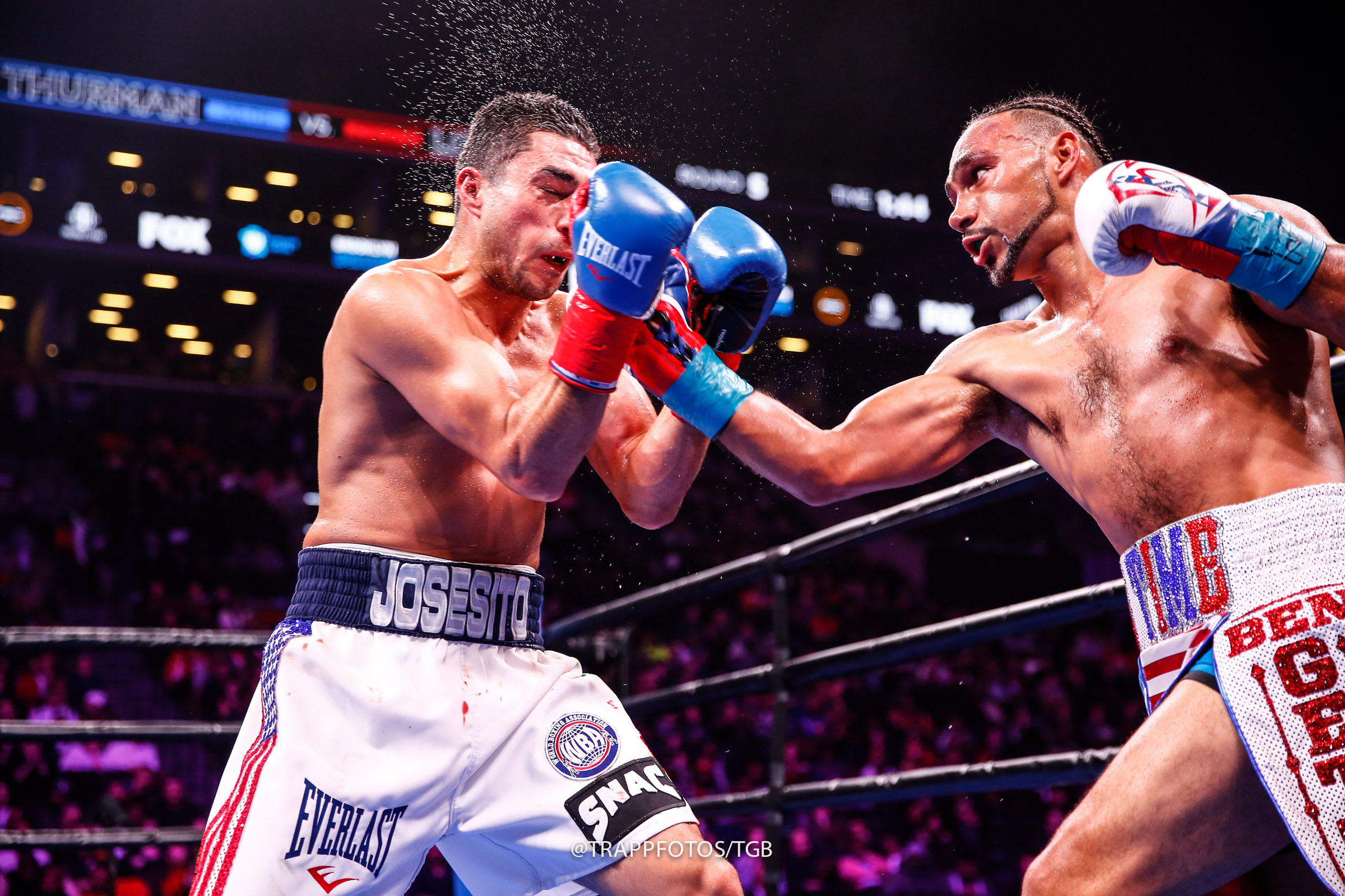 Josesito Lopez (left) gave Keith Thurman hell during the second half of their WBA welterweight title bout but the defending beltholder dished out his share of punishment. Photo by Stephanie Trapp/TGB Promotions