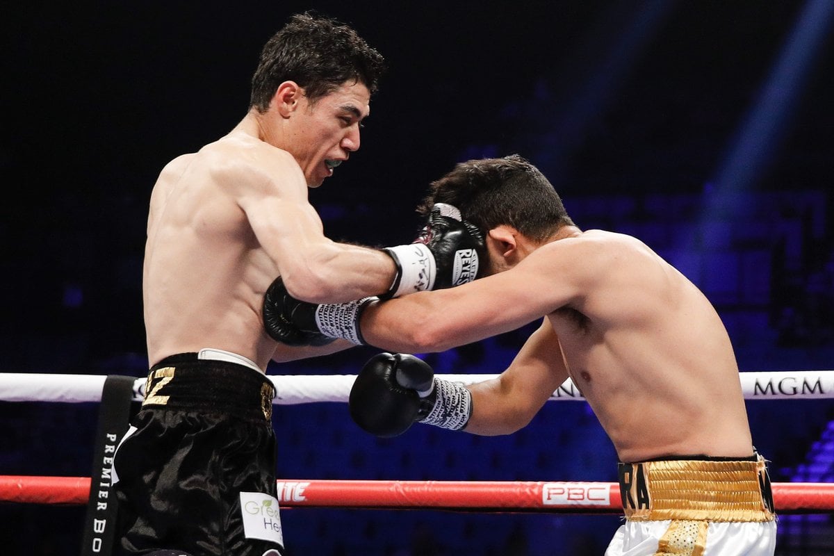 Featherweight contender Hugo Ruiz (left) catches Alberto Guevara with a right cross. Photo credit: Showtime Boxing