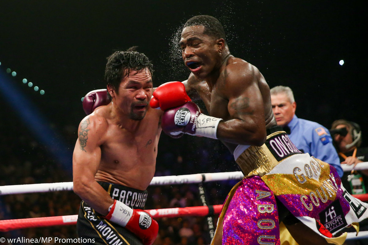 Manny Pacquiao (left) vs. Adrien Broner. Photo by Wendell Alinea/MP Promotions