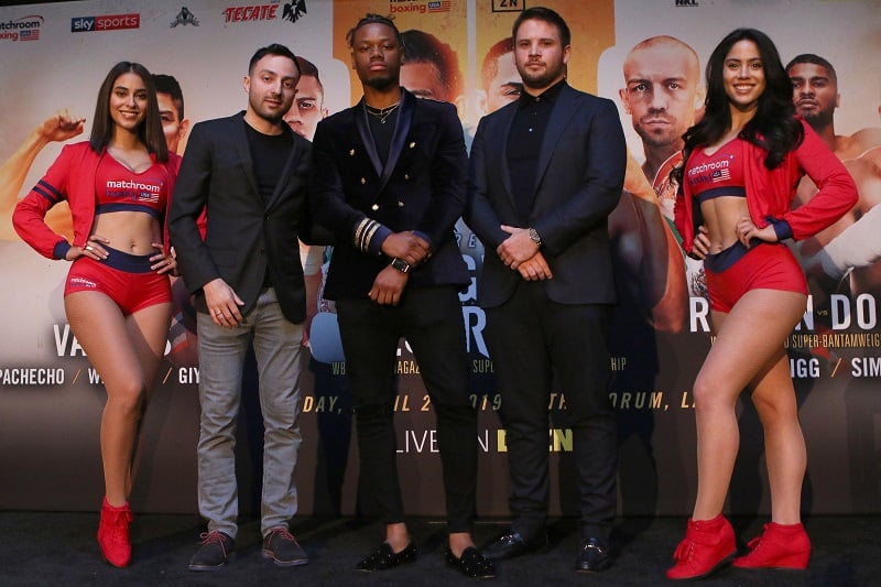 March 4, 2019; Los Angeles, California: (From left to right) Sam Katkovski, Austin "Ammo" Williams and Frank Smith, CEO of Matchroom Boxing, pose at the press conference announcing the April 26, 2019 Matchroom Boxing USA fight card that will take place at the Forum in Los Angeles, California. Photo credit: Melina Pizano/Matchroom Boxing USA