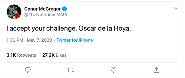 Conor McGregor Tweeted out that he is willing to fight Oscar De La Hoya in a boxing match. 