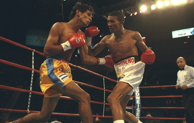 Antonio Cermeno (right) and Eddie Saenz trade blows during a bout at the MGM Grand Hotel in Las Vegas, Nev. Cermeno won the fight with a fifth-round TKO.