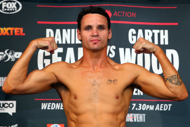 Daniel Geale poses after making weight on his second attempt during the official weigh-in ahead of tomorrow night's middleweight bout against Garth Wood at P.J. Gallagher's in Sydney, Australia.