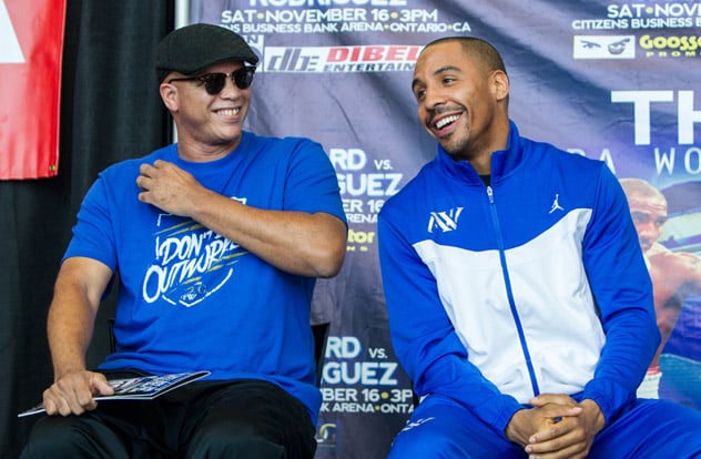 Andre Ward shares a chuckle with trainer Virgil Hunter (L) in happier, more certain times. Ward took care of promotional, network, inactivity issues in 2015 but his career still seems in limbo going into 2016. Photo by Alexis Cuarezma Getty Images