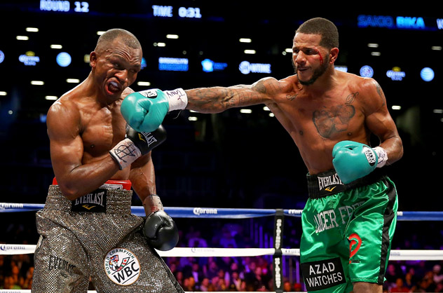 Anthony Dirrell (R) lands a right on Sakio Bika during their first fight in December 2013. The two super middleweights fought to a draw. Photo by Al Bello - Getty Images.