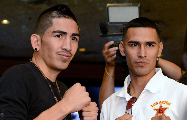 Leo Santa Cruz poses with former gym mate and sparring partner Manuel Roman in the lobby of the MGM Grand, where the two junior featherweight will fight on Saturday. Photo by Naoki Fukuda