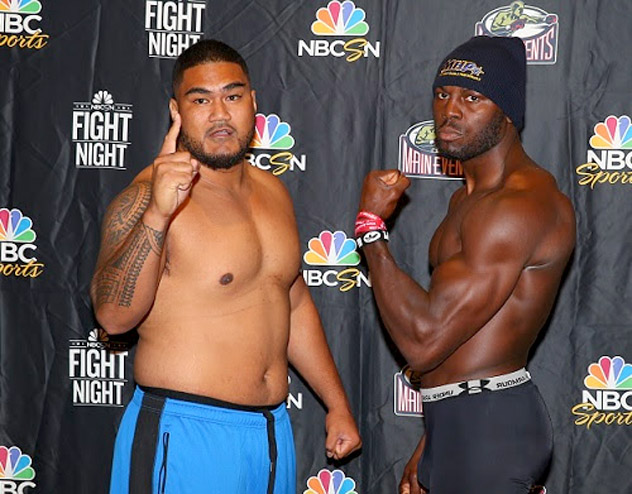 Steve Cunningham (R) and Natu Visinia weigh in for their Oct. 18 heavyweight bout in Philadelphia. Photo by Rich Graessle - Main Events.
