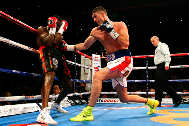 Callum Smith (right) in action with Vladine Biosse during their fight on July 12, 2014 in Liverpool, England. Smith scored a 10-round decision over the American. Photo by Paul Thomas/Getty Images