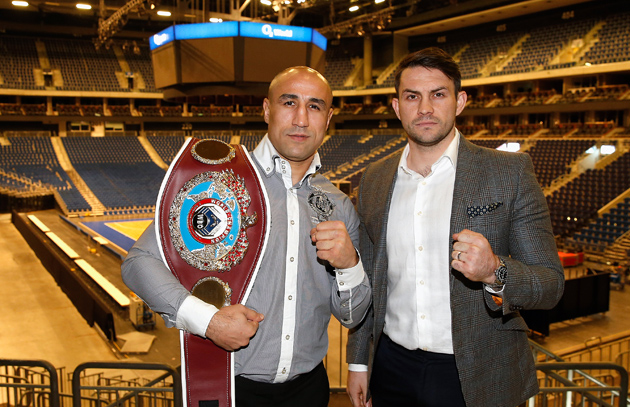 WBO super middleweight titleholder Arthur Abraham (L) and his challenger Paul Smith pose after the press conference for their rematch at O2 world on Dec. 8, 2014 in Berlin, Germany. Photo by Boris Streubel/Bongarts/Getty Images
