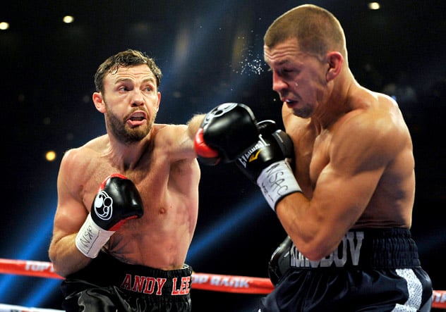 Irish middleweight Andy Lee (L) fighting Matt Korobov for the vacant WBO title on Dec. 13, 2014. Photo by David Becker/Getty Images.