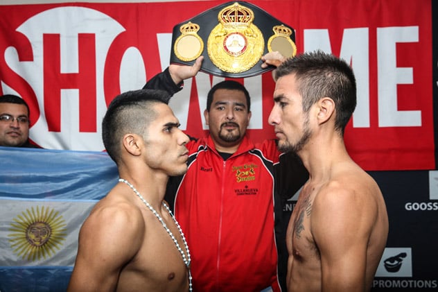 Jesus Cuellar (L) stares down (or rather up at) Ruben Tamayo after their weigh-in. Photo by Stephanie Trapp / Showtime