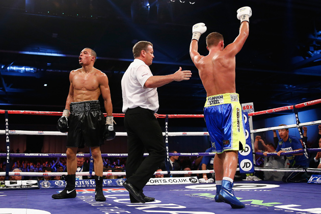 Billy Joe Saunders celebrates defeating Chris Eubank Jr. via split decision to retain the British European and Commonwealth middleweight titles on Nov. 29, 2014 in London, England. Photo by Julian Finney/Getty Images