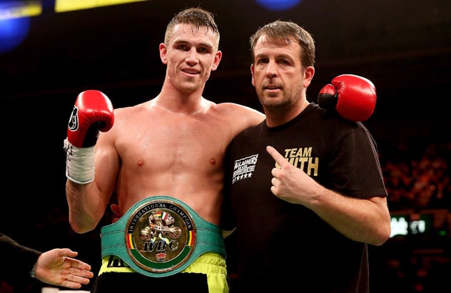 Trainer Joe Gallagher (R) with Callum Smith after Smith's sixth-round knockout of Ruben Acosta in 2013. Photo by Scott Heavey/Getty Images.