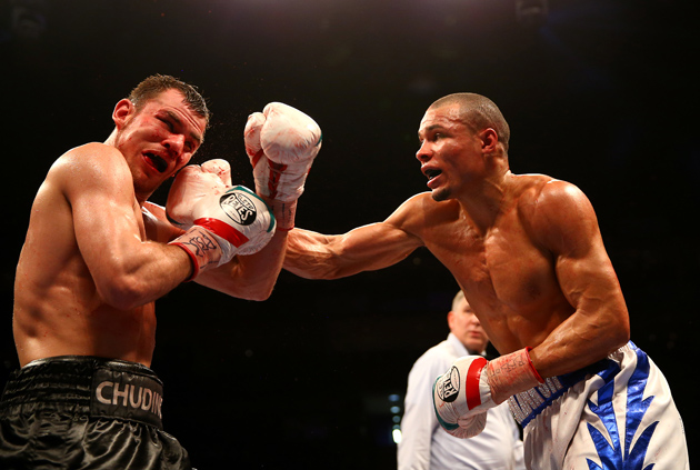 Chris Eubank Jr. (right) battered Dmitry Chudinov on his way to a 12th-round TKO at the O2 Arena on Feb. 28 in London. Photo by Richard Heathcote / Getty Images