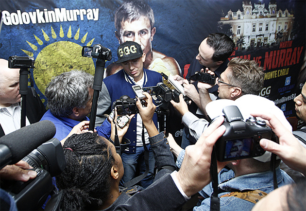 Gennady Golovkin was surrounded by sports media at the Los Angeles press conference for his WBA middleweight title defense against Martin Murray.
