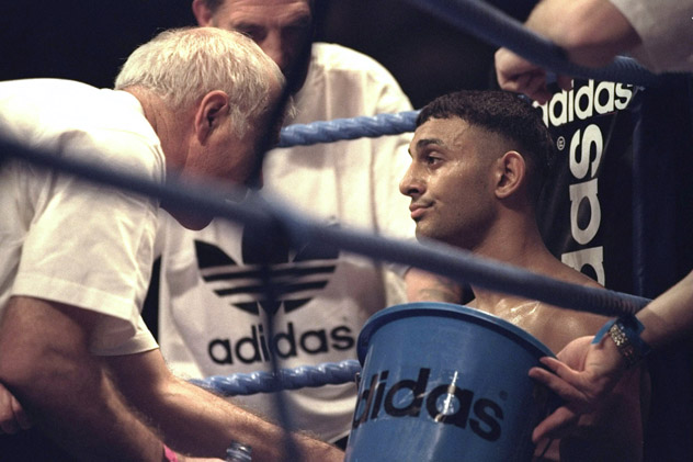 Brendan Ingle (left) trainer of Prince Naseen Hamed gives his man some advice