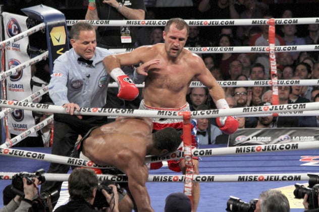 Sergey Kovalev nearly sends Jean Pascal through the topes. Photo by Mike Greenhill