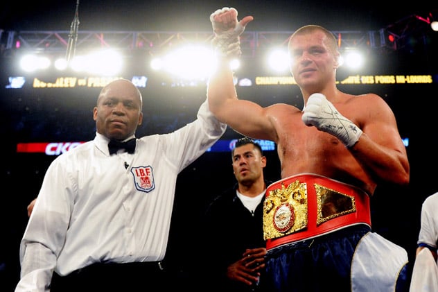 Vyacheslav Glazkov poses after outpointing Steve Cunningham for the USBA title in March. The bout also served as a final elimination bout the IBF's heavyweight title. Photo by Richard Wolowicz/Getty Images