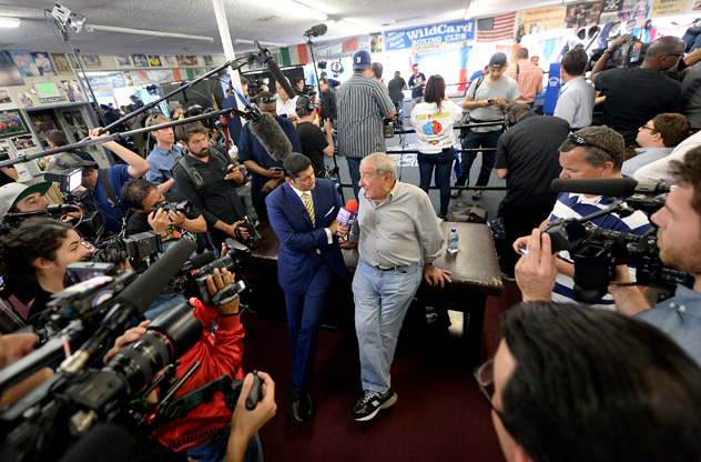 Promoter Bob Arum speaks to the media at a Manny Pacquiao open workout on April 15, 2015. Photo by Harry How/Getty Images.