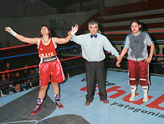 Doris Steinbach gets her hand raised after her only boxing outing. Photo courtesy of Walter Matthysse