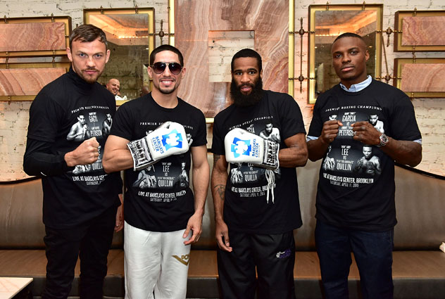 (L to R) Andy Lee, Danny Garcia, Lamont Peterson and Peter Quillin. Photo by James Devaney/Getty Images.