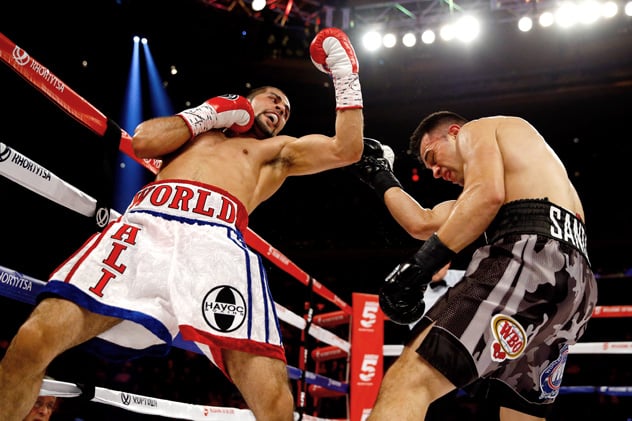 NEW YORK, NY - APRIL 25:  (L-R) Sadam Ali punches Francisco Santana during their Welterweight fight at Madison Square Garden on April 25, 2015 in New York City.  (Photo by Al Bello/Bongarts/Getty Images)