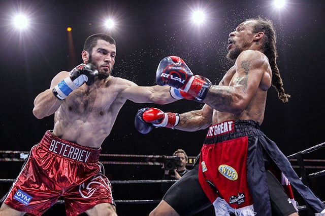 Artur Beterbiev (L) en route to a seventh-round knockout of Alexander Johnson in June 2015. Photo by Lucas Noonan/Premier Boxing Champions