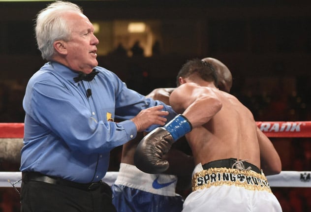 Pat Russell steps in to prematurely end the fight between Jessie Vargas and Tim Bradley. Photo by Naoki Fukuda.