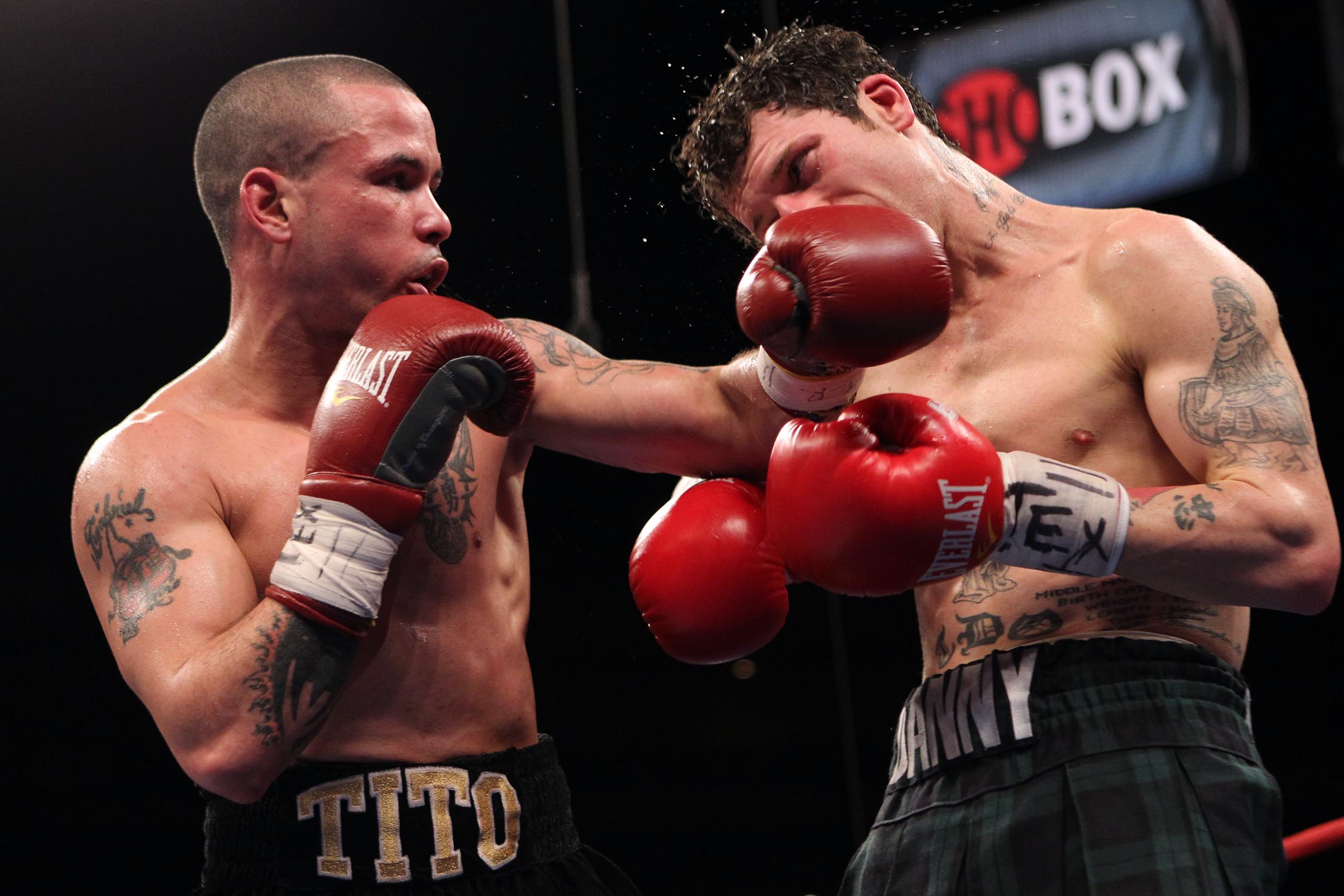 Gabriel Bracero (left) connects with a left hook upstairs on Danny O'Connor in their first bout on April 8, 2011, a unanimous decision win for Bracero. They meet again on Oct. 10, 2015. Photo credit: Tom Casino/Showtime