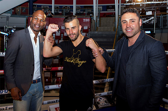 David Lemieux is flanked by his promoters - former undisputed middleweight champ Bernard Hopkins and Hall of Famer Oscar De La Hoya - at a recent media workout in Montreal, Canada.