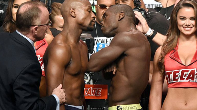 Floyd Mayweather Jr.-Andre Berto bout sheet with weights