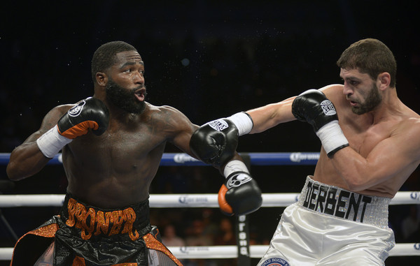 Adrien Broner (left) sets up a right hand against Khabib Allakhverdiev on Oct. 3, 2015 at US Bank Arena in Cincinnati, Ohio. Photo credit: Dylan Buell/Getty Images North America