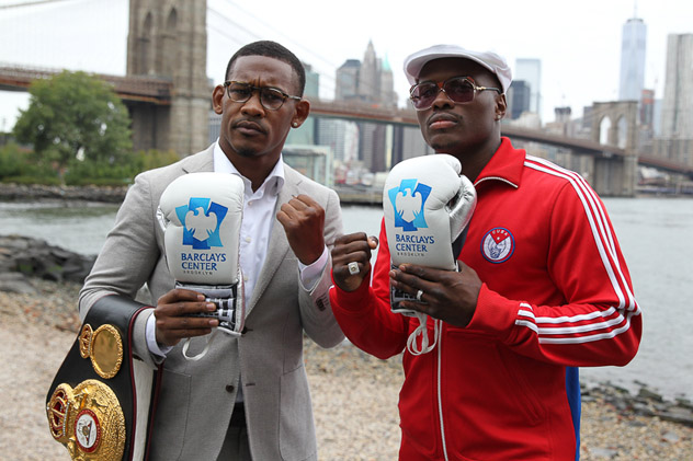 Daniel Jacobs (L) and Peter Quillin pose in front of the Brooklyn Bridge ahead of their Dec. 5 fight at Barclays Center. Photo by Ed Diller - DiBell Entertainment.