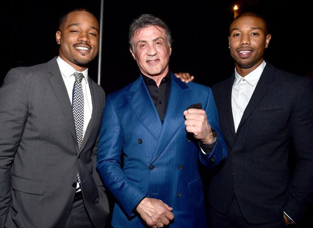 Creed director Ryan Coogler (left) poses with the films stars Sylvester Stallone (center) and Michael B. Jordan (right).