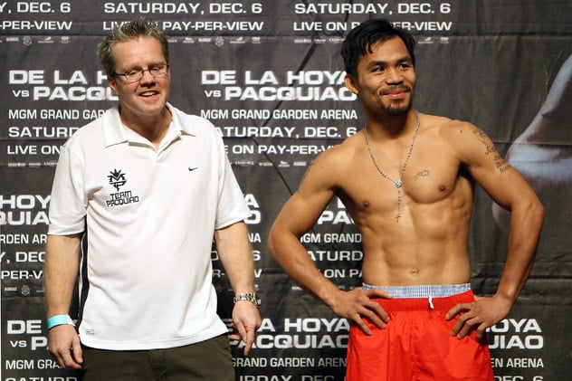 Freddie Roach and Manny Pacquiao at the weigh-in for the De La Hoya fight in 2008. Photo by Jed Jacobsohn/Getty Images)