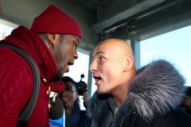 WBC heavyweight titlist Deontay Wilder (left) and Artur Szpilka nearly come to blows at a recent press conference touting their Jan. 16, 2016 bout at Barclays Center, Brooklyn, NY. Photo credit: Else/Getty Images