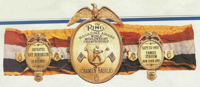 The belt won by Carmen Basilio in his 1957 victory over Ray Robinson -- one of six belts stolen from the International Boxing Hall of Fame in November 2015.