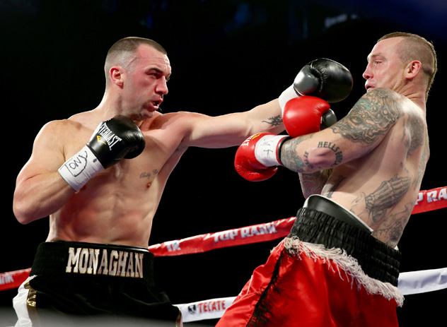 Sean Monaghan forces Matt Vanda backMadison Square Garden on January 25, 2014Photo by Elsa/Getty Images.