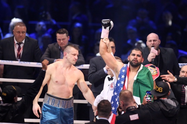 Tomasz Adamek (left) and Eric Molina after thei heavyweight bout at the Tauron Krakow Arena on April 2, 2016. Molina won by 10th round knockout. Photo credit: PAP/Stanis├à┬éaw Rozp├ä┬Ödzik