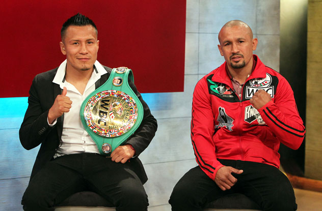 Orlando Salido (R) and WBC 130-pound titleholder Francisco Vargas (L) at the ESPN studios to talk about their upcoming HBO-televised title fight on June 4 at the StubHub Center in Carson, California. Photo by Chris Farina - Team Salido
