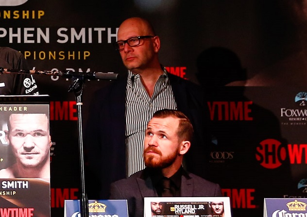 Lou DiBella stands behind Patrick Hylands at a press conference to promote a Showtime doubleheader featuring Hyland's challenge against Gary Russell Jr. Photo: Stephanie Trapp/Showtime.