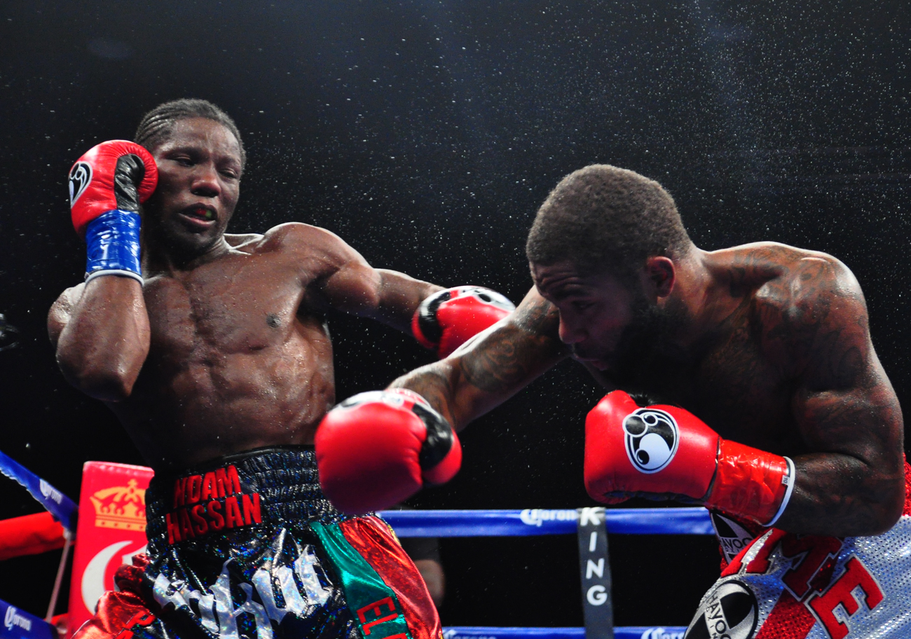 Curtis Stevens (right) lunges in with a right hand on Hassan N'Dam in Oct. of 2014. Photo credit: German Villasenor