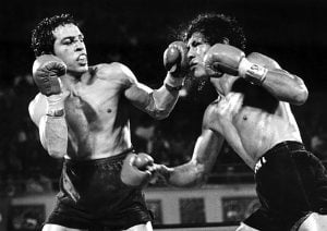 Bobby Chacon (L) goes toe to toe with ring rival Rafael "Bazooka" Limon, who he faced four times. Their fourth match, won by Chacon, was THE RING's Fight of the Year for 1982.