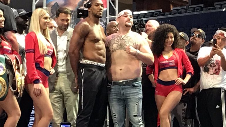 Anthony Joshua weighs 247.8 pounds, Andy Ruiz checks in at 268